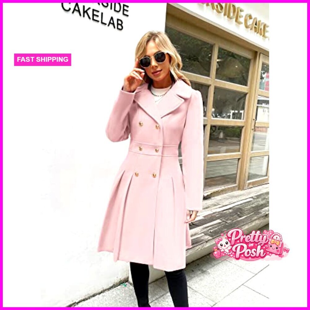 Polyester Blend Trench Coat Notch Lapel Double Breasted A-Line - Picture 2 of 7